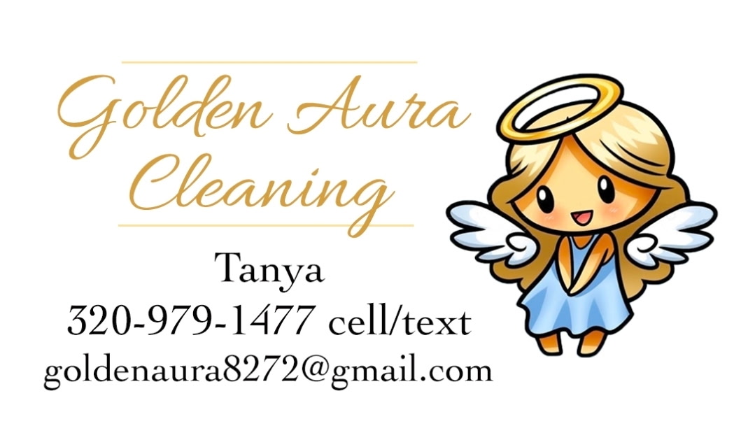 Photo of a Golden Aura Cleaning business card showing Tanya, 320-979-1477 cell/text, and goldenaura8272@gmail.com
