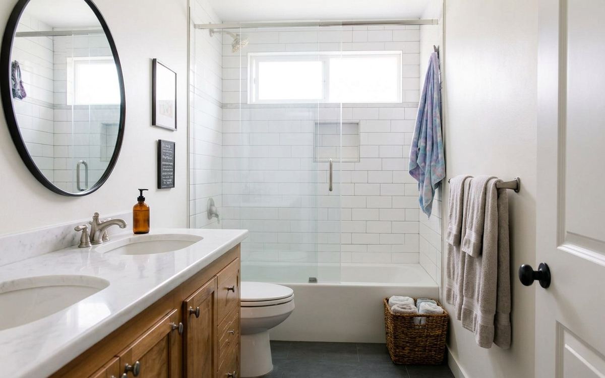 The same bathroom with the same vanity, mirror and basket — clear glass, one dispenser and folded towels