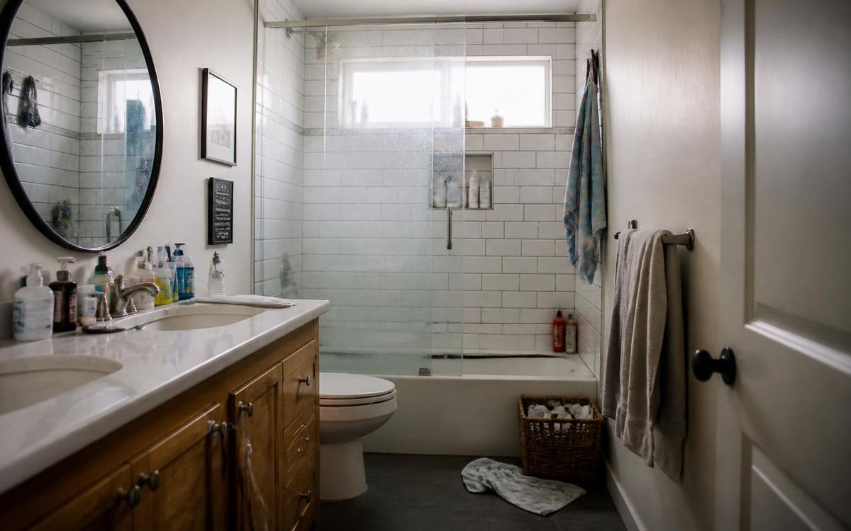 Bathroom with soap-scummed shower glass, bottles across the vanity and towels on the floor