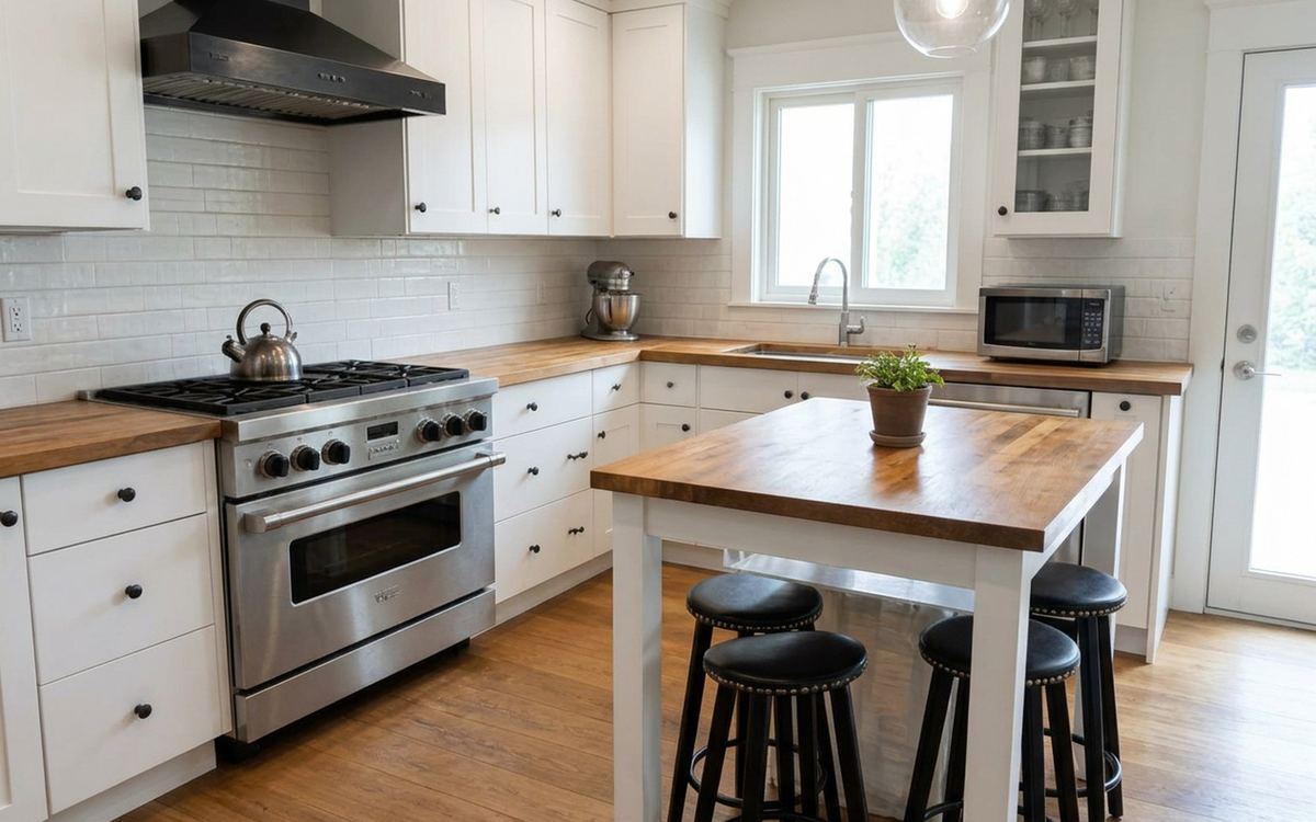 The same kitchen with the same island, stools and range — counters cleared, stools tucked in, stovetop spotless