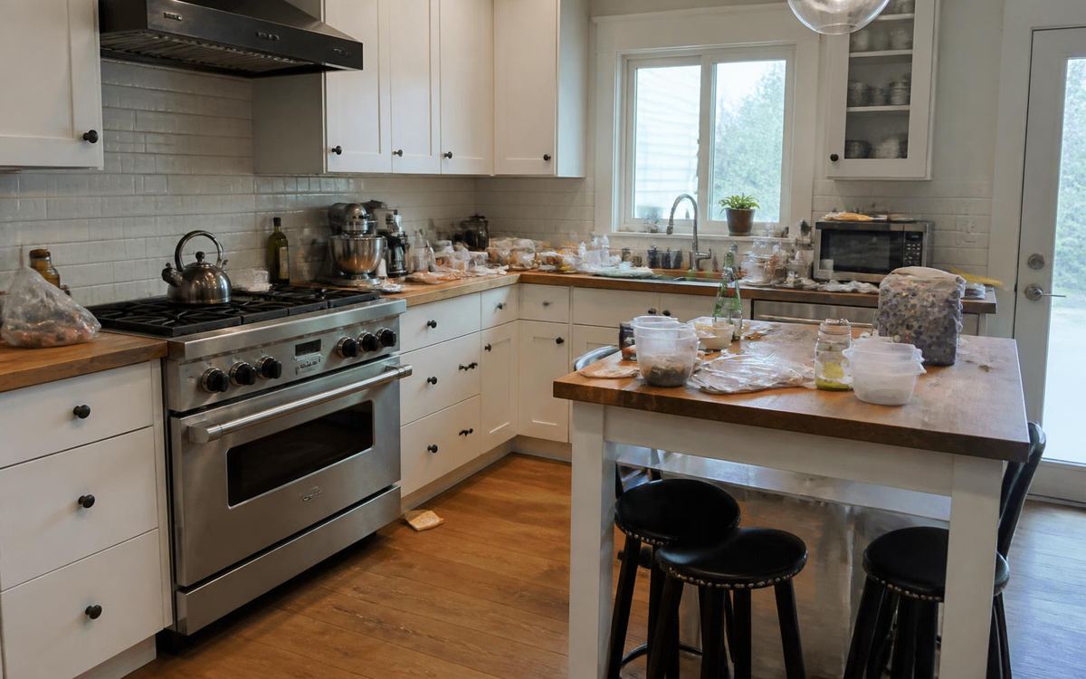 Kitchen with dishes and containers covering the butcher-block island and a stained stovetop