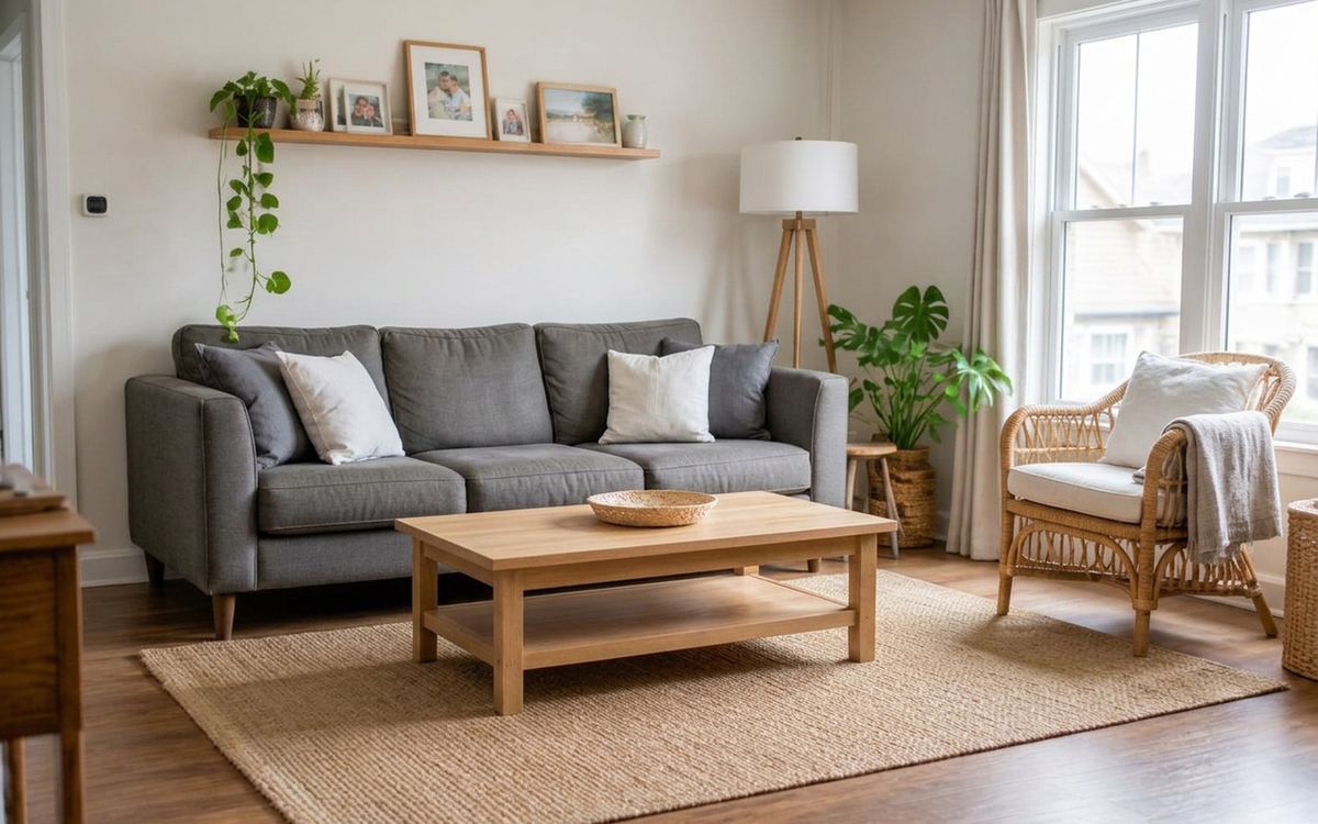 The same living room with the same sofa, coffee table, rug and rattan chair — cleared, squared up and spotless