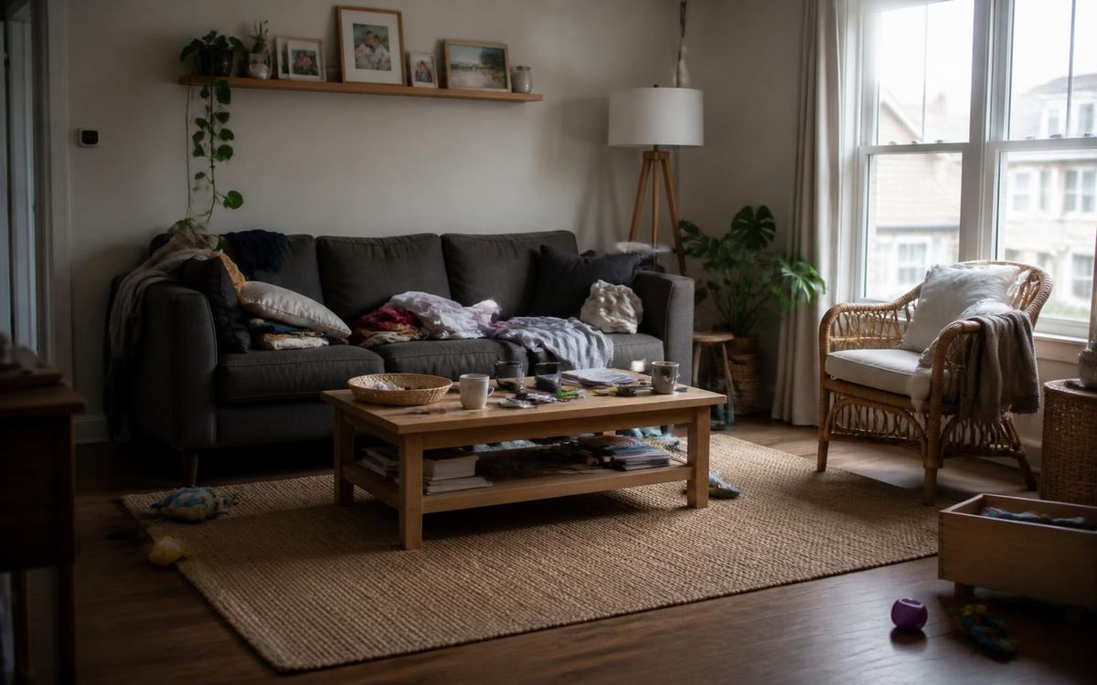 Living room with laundry piled on the grey sofa, a cluttered coffee table and toys on the floor